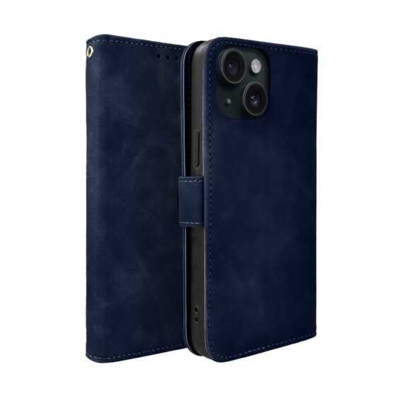Etui do iPhone 15 książkowe Velvet Touch, aksamitne, portfelowe z zamknięciem, granatowe (3)