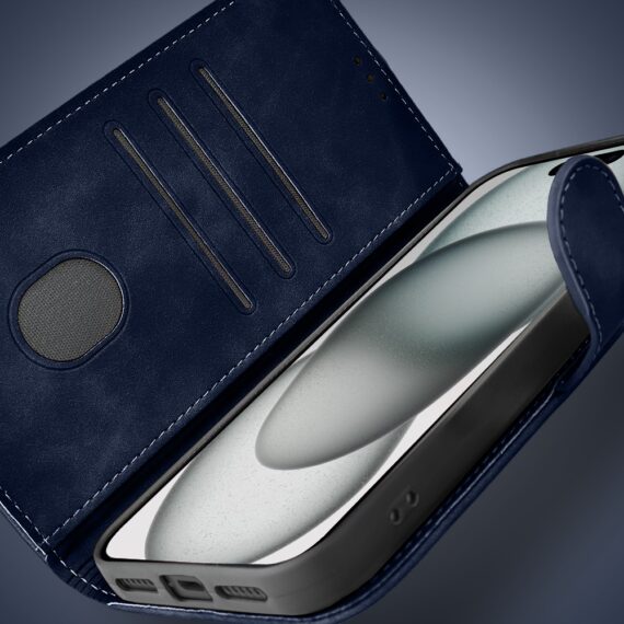 Etui do iPhone 15 książkowe Velvet Touch, aksamitne, portfelowe z zamknięciem, granatowe (5)