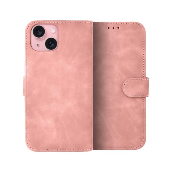 Etui do iPhone 15 książkowe Velvet Touch, aksamitne, portfelowe z zamknięciem, różowe (1)