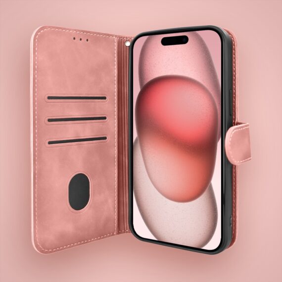Etui do iPhone 15 książkowe Velvet Touch, aksamitne, portfelowe z zamknięciem, różowe (2)