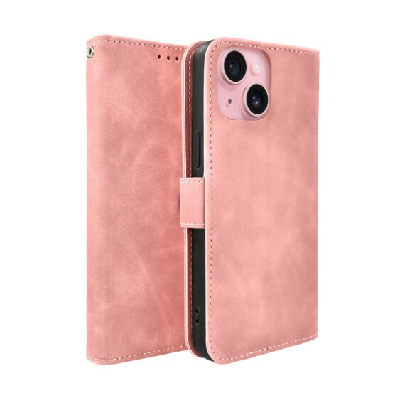 Etui do iPhone 15 książkowe Velvet Touch, aksamitne, portfelowe z zamknięciem, różowe (3)