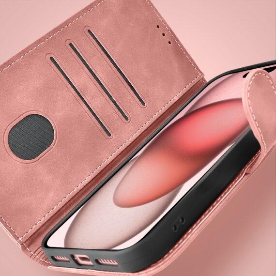 Etui do iPhone 15 książkowe Velvet Touch, aksamitne, portfelowe z zamknięciem, różowe (5)