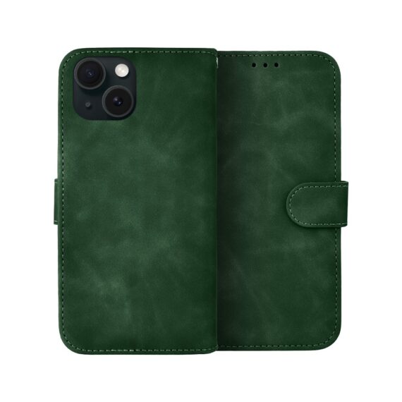 Etui do iPhone 15 książkowe Velvet Touch, aksamitne, portfelowe z zamknięciem, zielone (1)