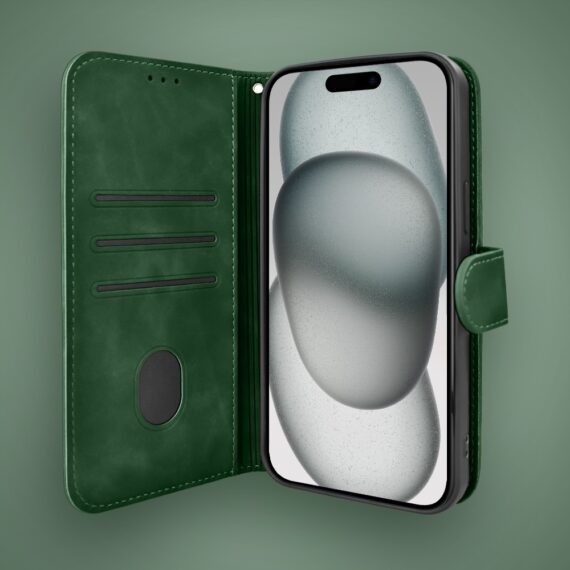 Etui do iPhone 15 książkowe Velvet Touch, aksamitne, portfelowe z zamknięciem, zielone (2)