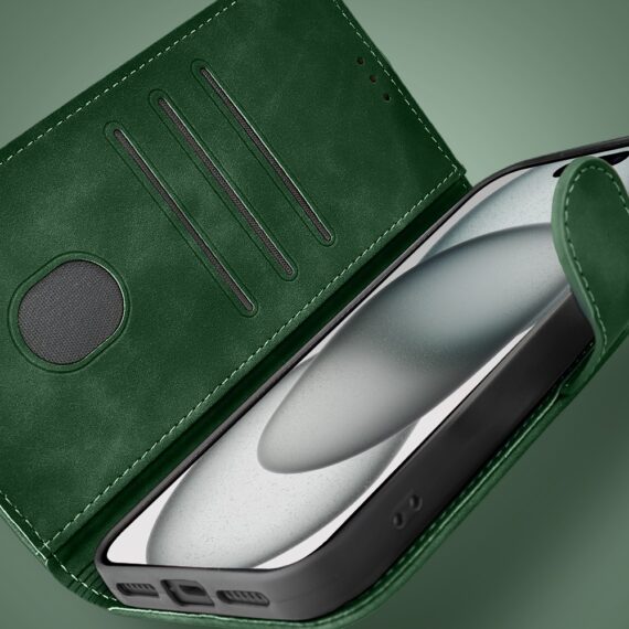Etui do iPhone 15 książkowe Velvet Touch, aksamitne, portfelowe z zamknięciem, zielone (5)