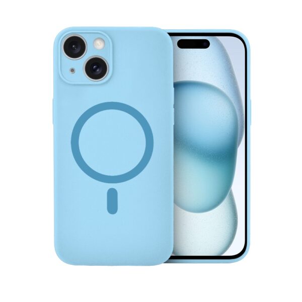 Etui do iPhone 15, silikonowe z MagSafe, mikrofibra soft touch z osłoną na aparat, jasny niebieski