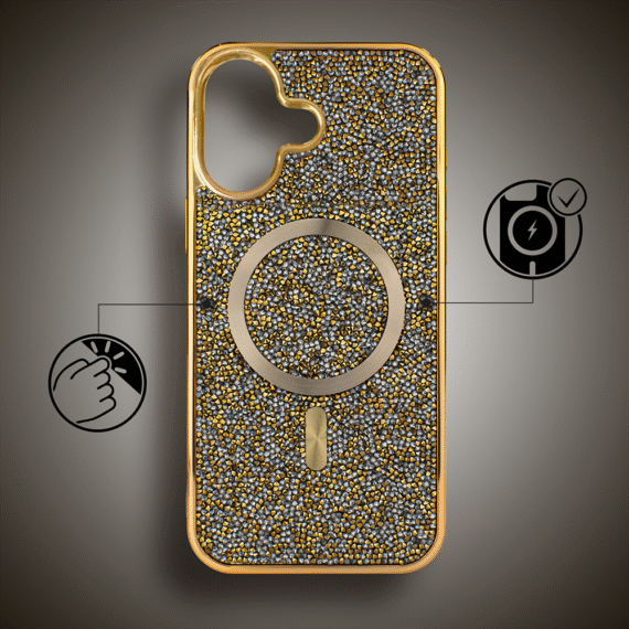 Etui do iPhone 16 MagSafe Tresury Case, diamentowe, z błyszczącą ramką, złote (1)