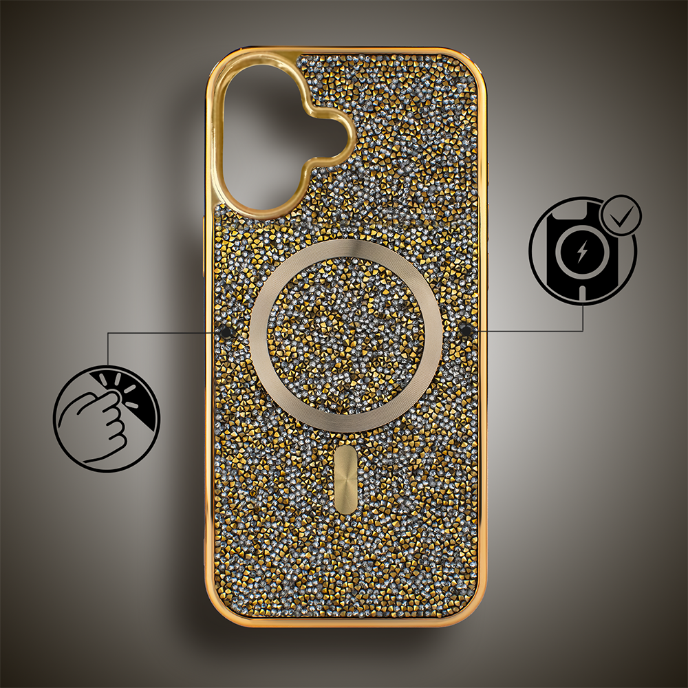 Etui do iPhone 16 MagSafe Tresury Case, diamentowe, z błyszczącą ramką, złote (1)