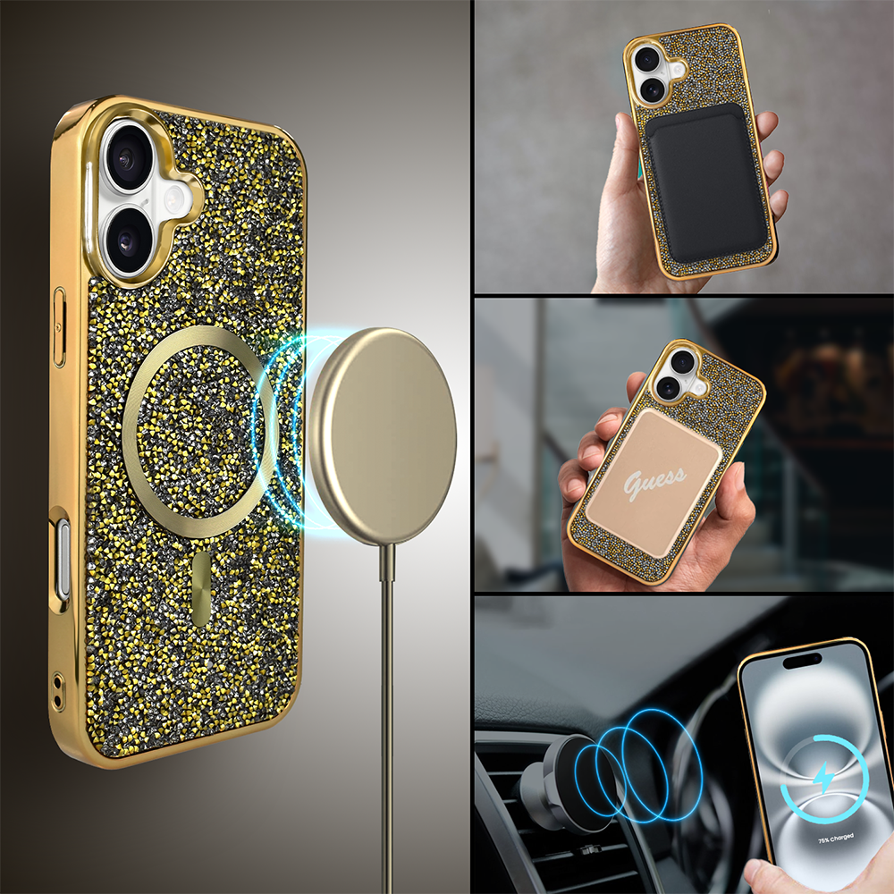 Etui do iPhone 16 MagSafe Tresury Case, diamentowe, z błyszczącą ramką, złote (2)