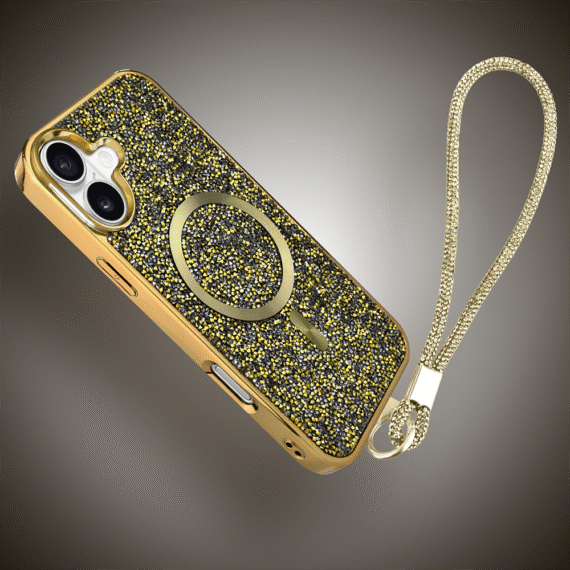 Etui do iPhone 16 MagSafe Tresury Case, diamentowe, z błyszczącą ramką, złote (3)