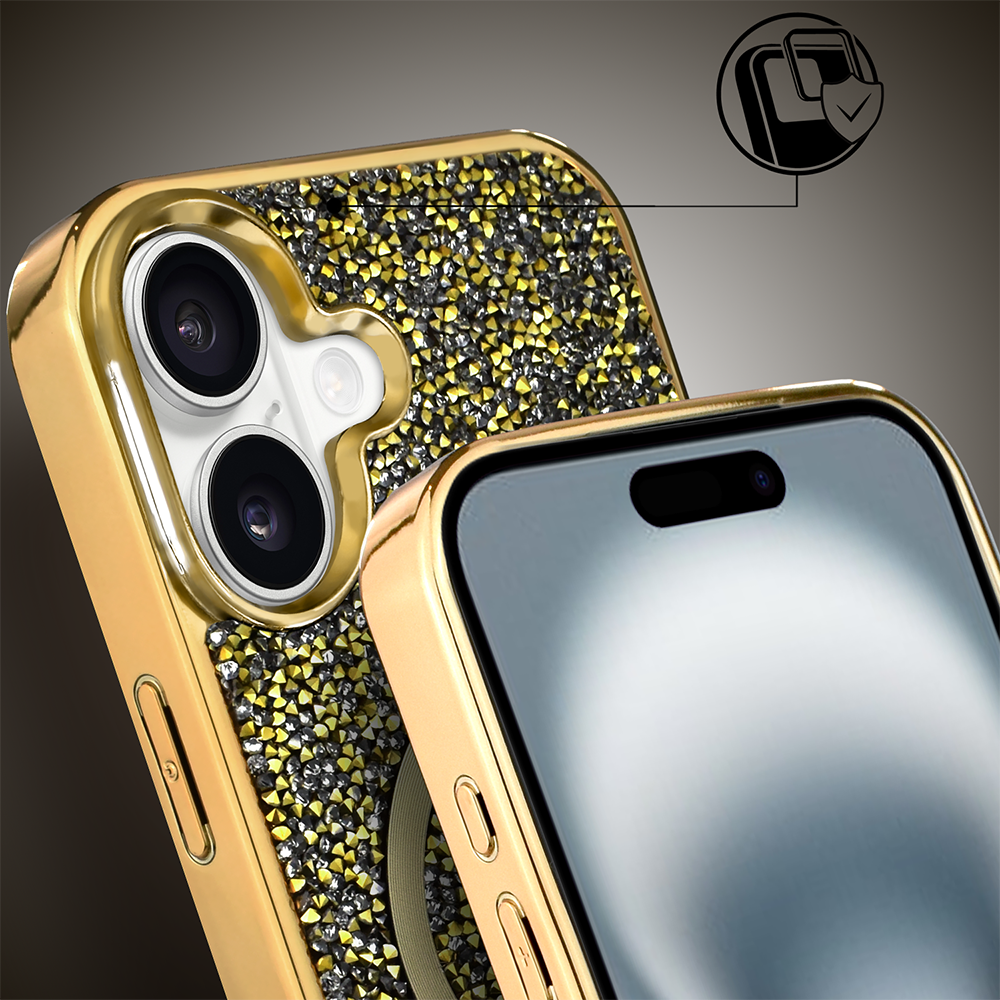 Etui do iPhone 16 MagSafe Tresury Case, diamentowe, z błyszczącą ramką, złote (4)