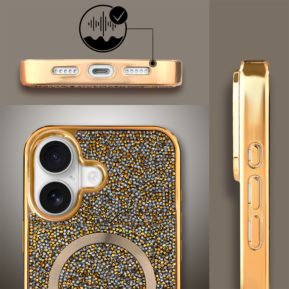 Etui do iPhone 16 MagSafe Tresury Case, diamentowe, z błyszczącą ramką, złote (5)