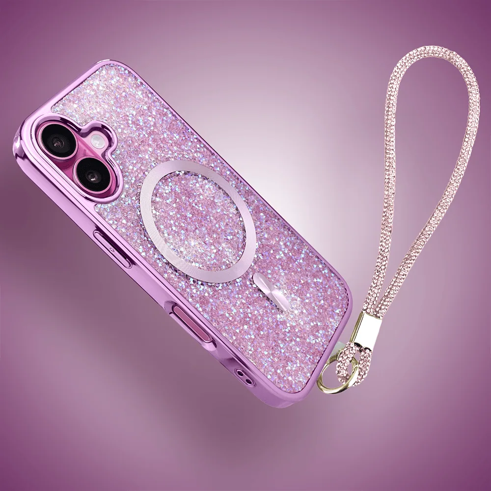 Etui do iPhone 16 Max MagSafe Tresury Case, diamentowe, z błyszczącą ramką, różowe (1)