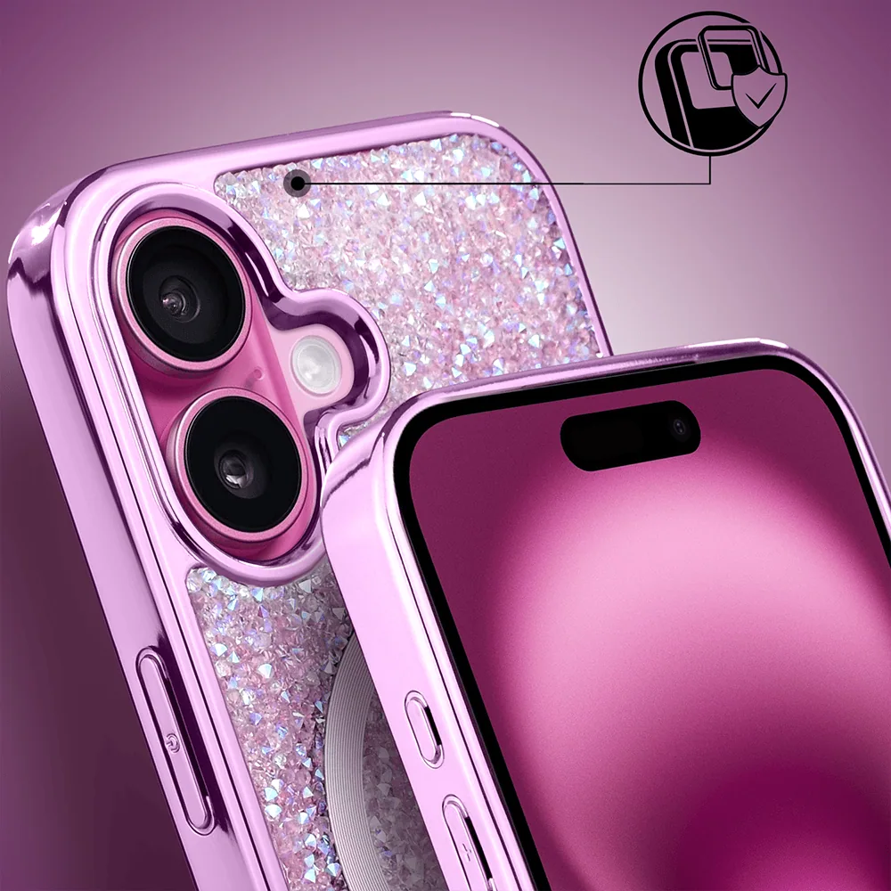 Etui do iPhone 16 Max MagSafe Tresury Case, diamentowe, z błyszczącą ramką, różowe (2)