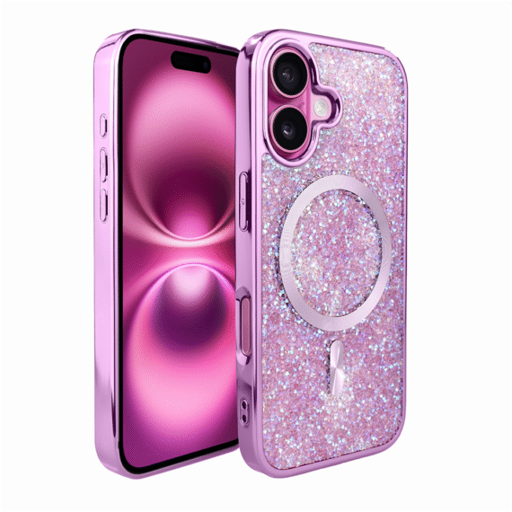 Etui do iPhone 16 Max MagSafe Tresury Case, diamentowe, z błyszczącą ramką, różowe (6)