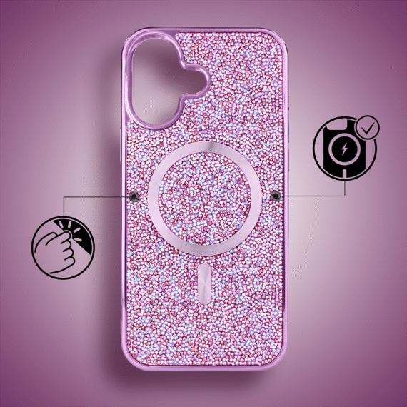 Etui do iPhone 16 Max MagSafe Tresury Case, diamentowe, z błyszczącą ramką, różowe (7)