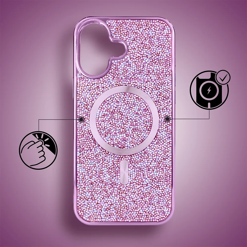 Etui do iPhone 16 Max MagSafe Tresury Case, diamentowe, z błyszczącą ramką, różowe (7)