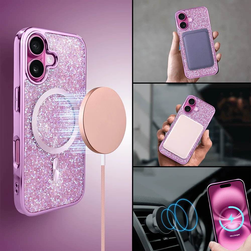 Etui do iPhone 16 Max MagSafe Tresury Case, diamentowe, z błyszczącą ramką, różowe (8)
