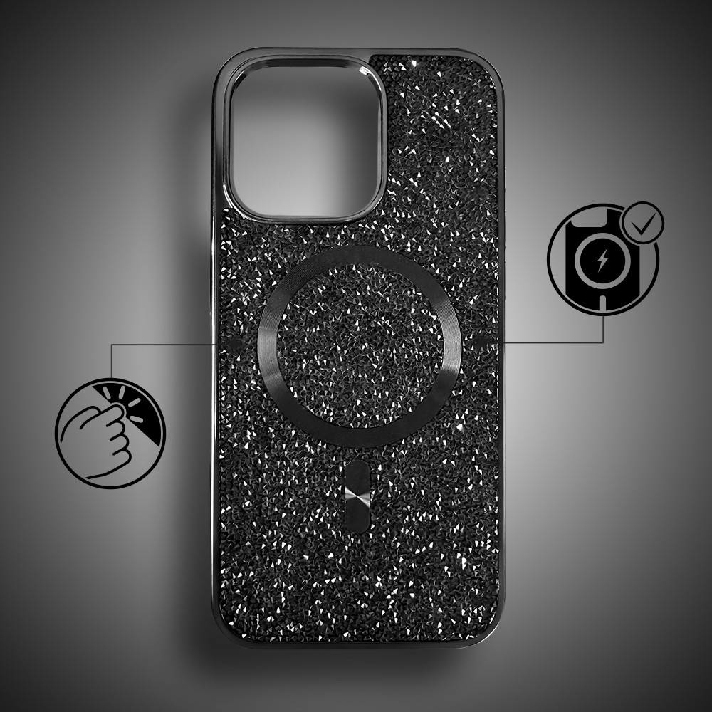 Etui do iPhone 16 Pro MagSafe Tresury Case, diamentowe, z błyszczącą ramką, czarne (3)
