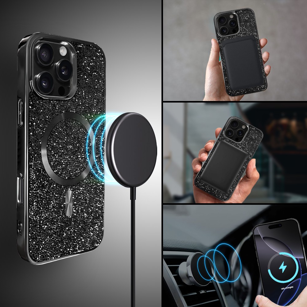 Etui do iPhone 16 Pro MagSafe Tresury Case, diamentowe, z błyszczącą ramką, czarne (4)
