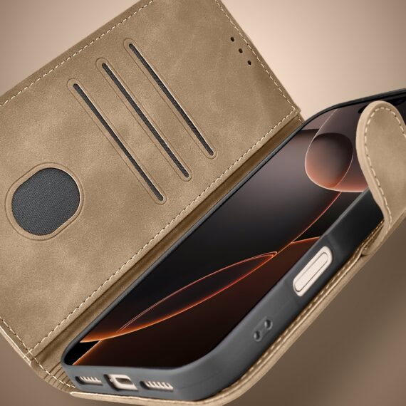 Etui do iPhone 16 Pro książkowe Velvet Touch, aksamitne, portfelowe z zamknięciem, beżowe (1)