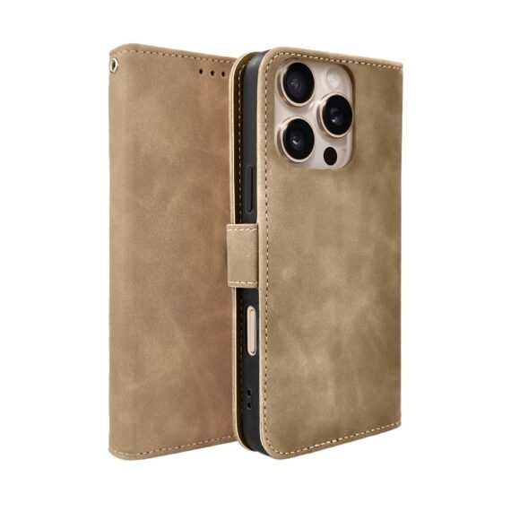 Etui do iPhone 16 Pro książkowe Velvet Touch, aksamitne, portfelowe z zamknięciem, beżowe (6)