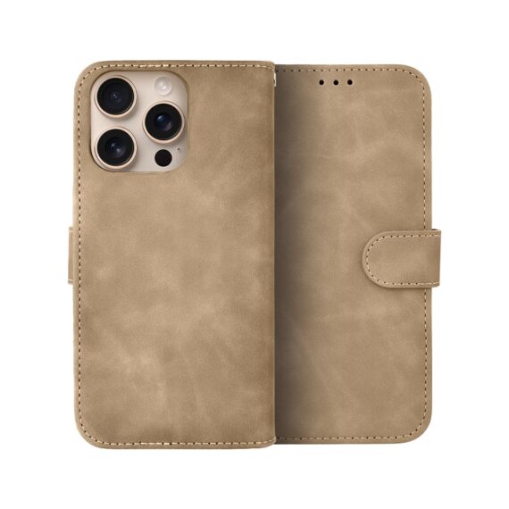 Etui do iPhone 16 Pro książkowe Velvet Touch, aksamitne, portfelowe z zamknięciem, beżowe (8)