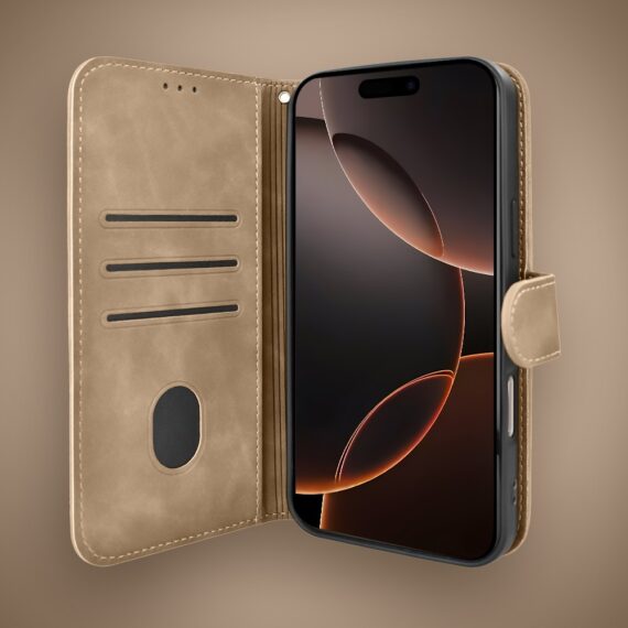 Etui do iPhone 16 Pro książkowe Velvet Touch, aksamitne, portfelowe z zamknięciem, beżowe (9)