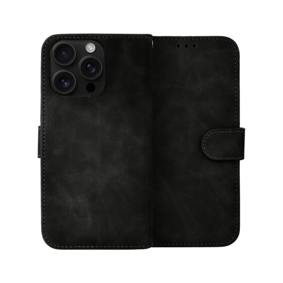 Etui do iPhone 16 Pro książkowe Velvet Touch, aksamitne, portfelowe z zamknięciem, czarne (1)