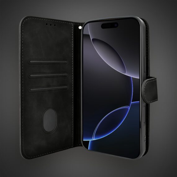 Etui do iPhone 16 Pro książkowe Velvet Touch, aksamitne, portfelowe z zamknięciem, czarne (2)