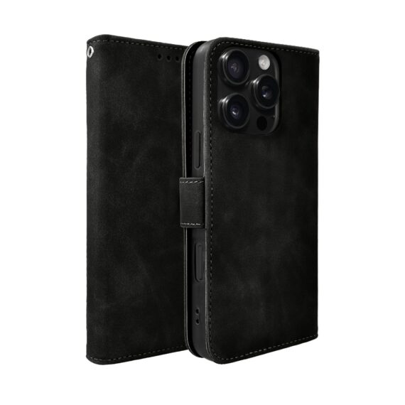 Etui do iPhone 16 Pro książkowe Velvet Touch, aksamitne, portfelowe z zamknięciem, czarne (3)