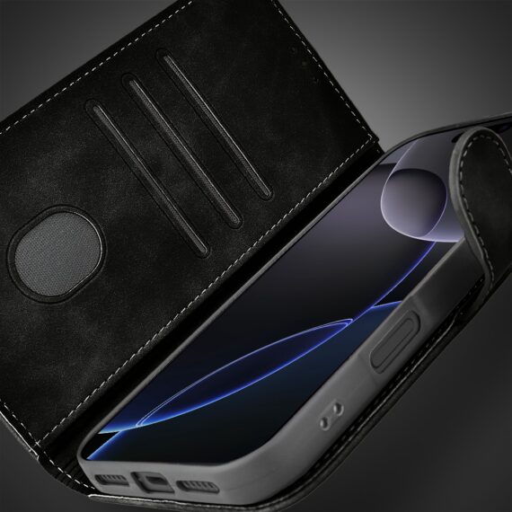 Etui do iPhone 16 Pro książkowe Velvet Touch, aksamitne, portfelowe z zamknięciem, czarne (5)