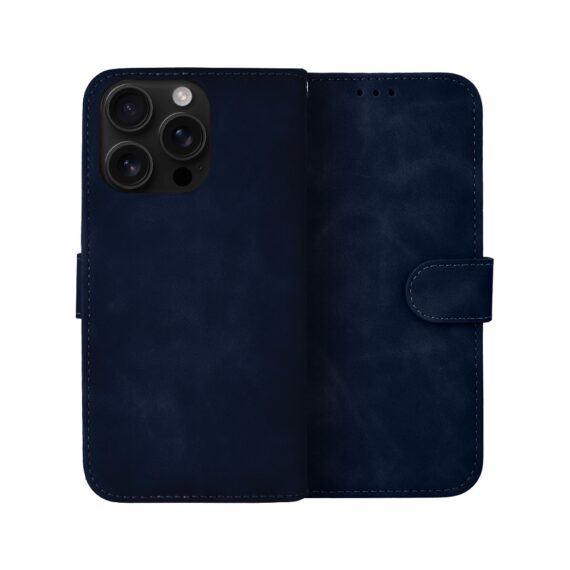 Etui do iPhone 16 Pro książkowe Velvet Touch, aksamitne, portfelowe z zamknięciem, granatowe (1)