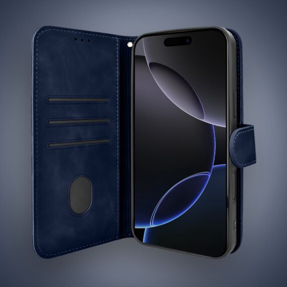 Etui do iPhone 16 Pro książkowe Velvet Touch, aksamitne, portfelowe z zamknięciem, granatowe (2)