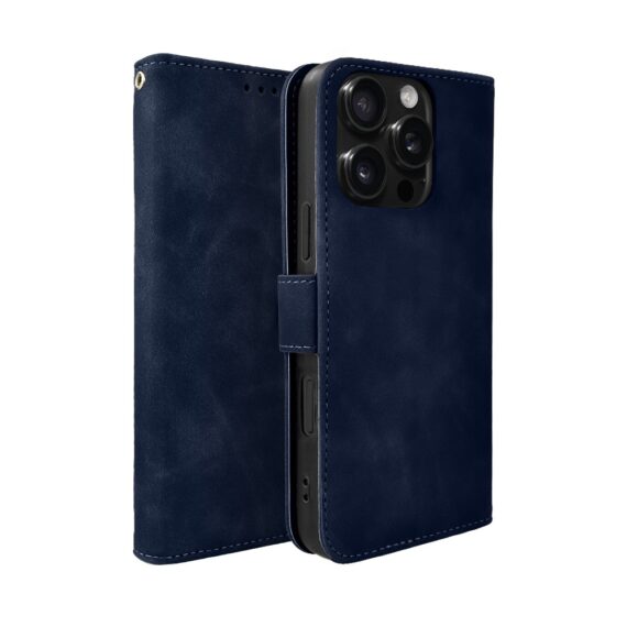 Etui do iPhone 16 Pro książkowe Velvet Touch, aksamitne, portfelowe z zamknięciem, granatowe (3)