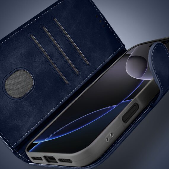 Etui do iPhone 16 Pro książkowe Velvet Touch, aksamitne, portfelowe z zamknięciem, granatowe (5)