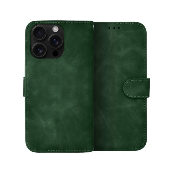 Etui do iPhone 16 Pro książkowe Velvet Touch, aksamitne, portfelowe z zamknięciem, zielone (1)