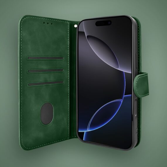 Etui do iPhone 16 Pro książkowe Velvet Touch, aksamitne, portfelowe z zamknięciem, zielone (2)