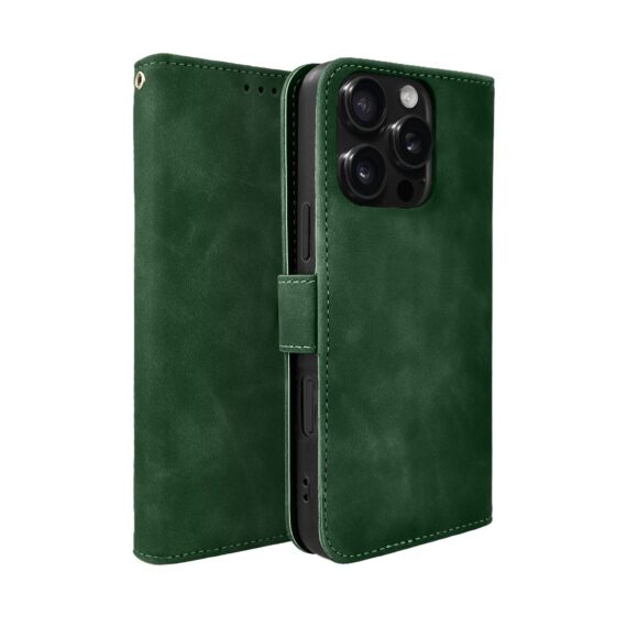 Etui do iPhone 16 Pro książkowe Velvet Touch, aksamitne, portfelowe z zamknięciem, zielone (3)