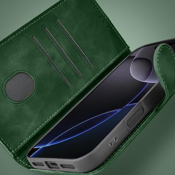 Etui do iPhone 16 Pro książkowe Velvet Touch, aksamitne, portfelowe z zamknięciem, zielone (5)