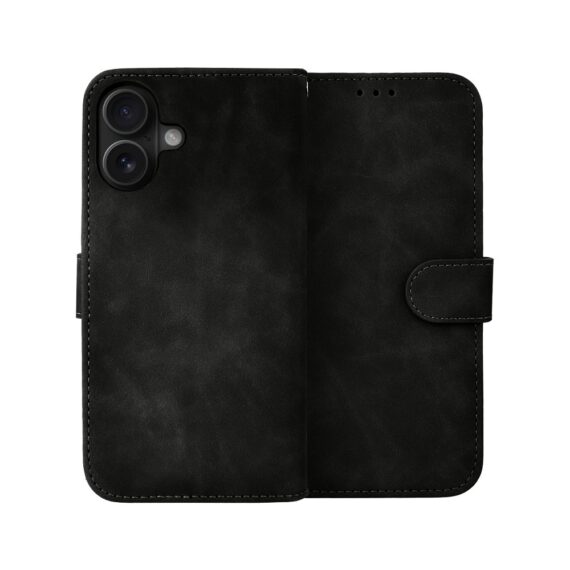 Etui do iPhone 16 książkowe Velvet Touch, aksamitne, portfelowe z zamknięciem, czarne (1)