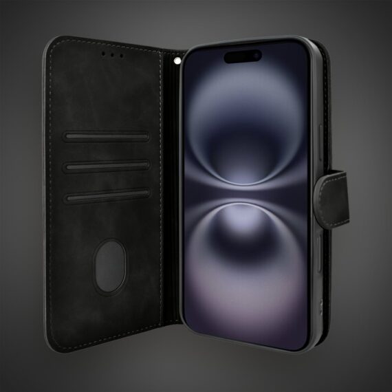 Etui do iPhone 16 książkowe Velvet Touch, aksamitne, portfelowe z zamknięciem, czarne (2)