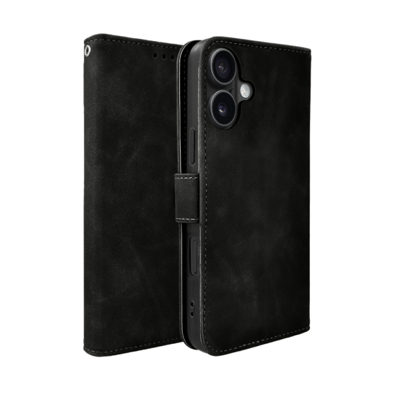 Etui do iPhone 16 książkowe Velvet Touch, aksamitne, portfelowe z zamknięciem, czarne (3)
