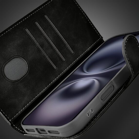 Etui do iPhone 16 książkowe Velvet Touch, aksamitne, portfelowe z zamknięciem, czarne (5)