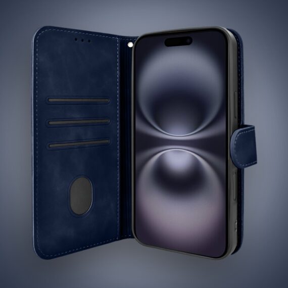 Etui do iPhone 16 książkowe Velvet Touch, aksamitne, portfelowe z zamknięciem, granatowe (2)