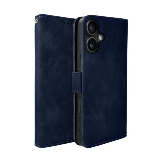 Etui do iPhone 16 książkowe Velvet Touch, aksamitne, portfelowe z zamknięciem, granatowe (3)