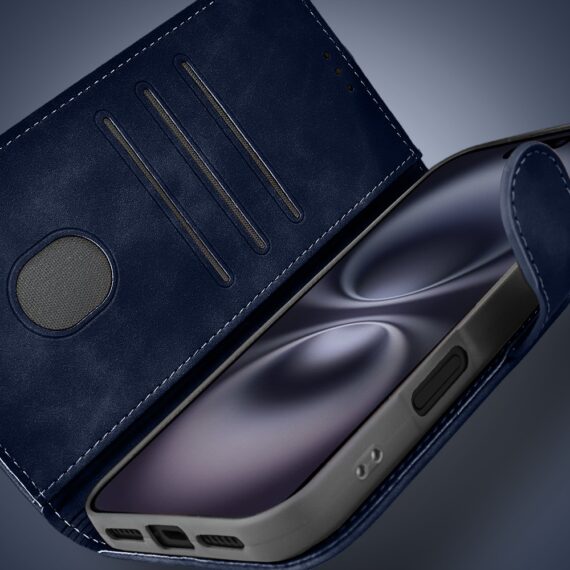 Etui do iPhone 16 książkowe Velvet Touch, aksamitne, portfelowe z zamknięciem, granatowe (5)