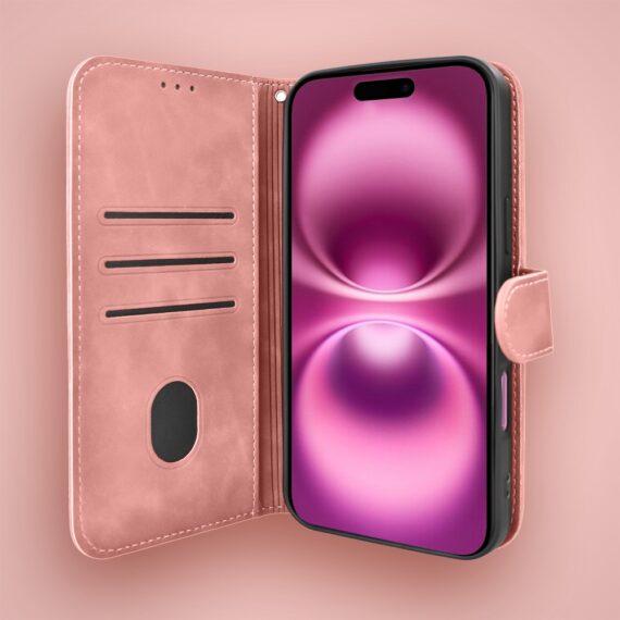 Etui do iPhone 16 książkowe Velvet Touch, aksamitne, portfelowe z zamknięciem, różowe (2)