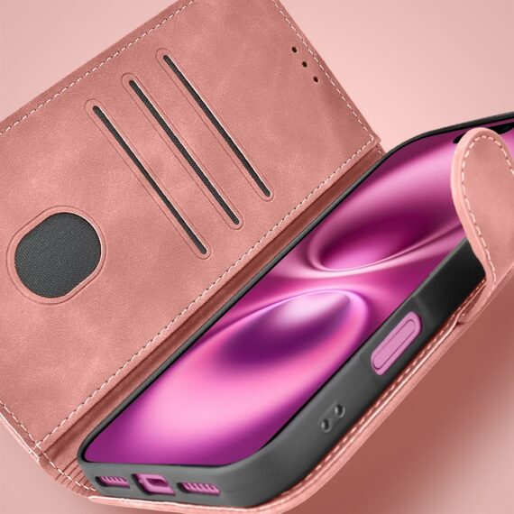 Etui do iPhone 16 książkowe Velvet Touch, aksamitne, portfelowe z zamknięciem, różowe (5)