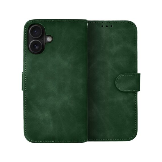 Etui do iPhone 16 książkowe Velvet Touch, aksamitne, portfelowe z zamknięciem, zielone (1)